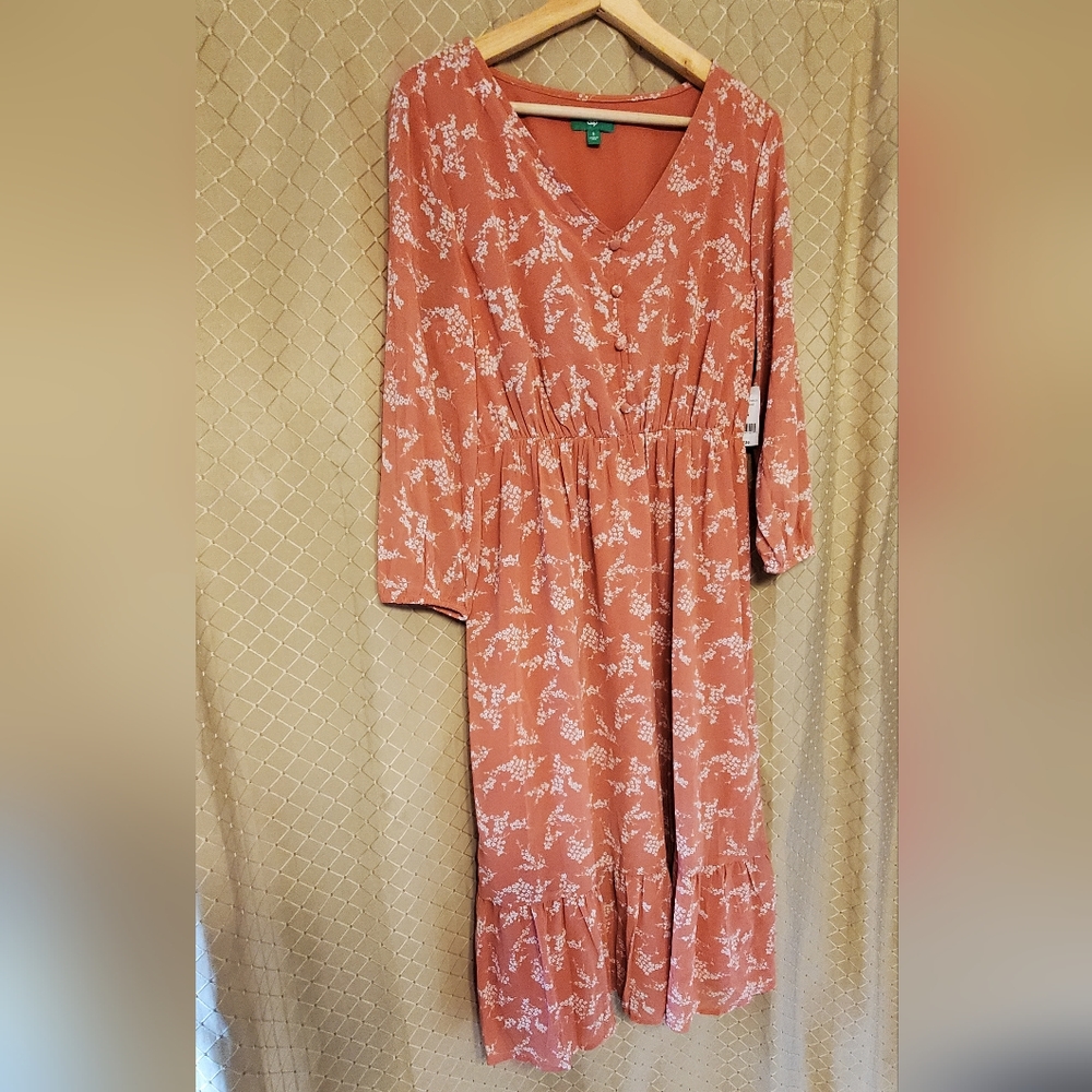 Salmon Modest Long Sleeve Midi Dress